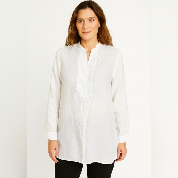 CBNY  White Linen Blouse Women’s 12 Button Front Embroidered Lace Trim Vintage - Picture 1 of 6